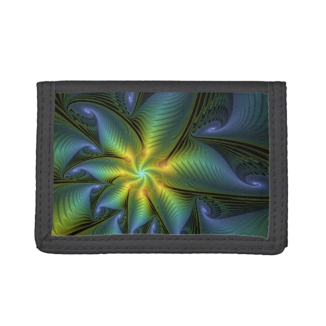 Abstract Star, Shiny Blue Green Golden Fractal Art Trifold Wallet (Front)