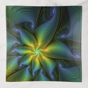 Abstract Star, Shiny Blue Green Golden Fractal Art Trinket Tray