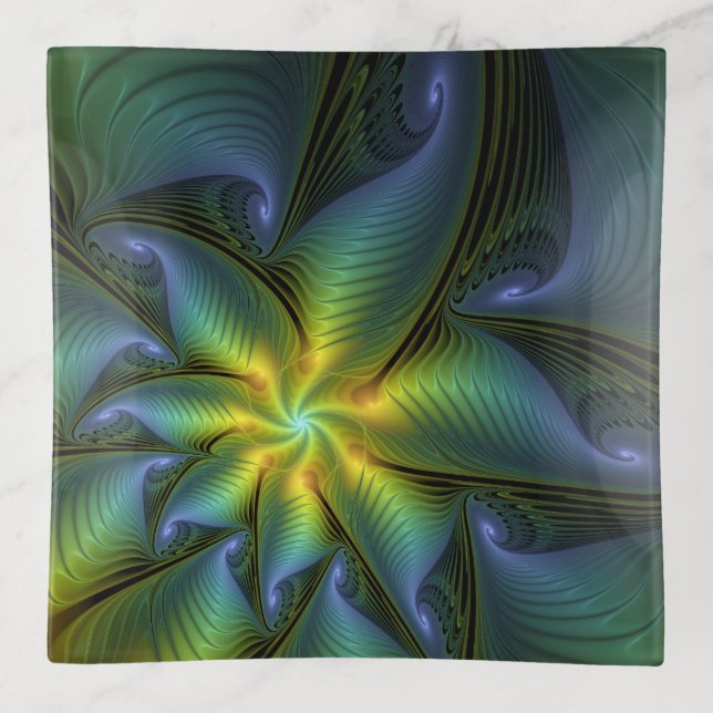 Abstract Star, Shiny Blue Green Golden Fractal Art Trinket Tray (Front)