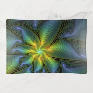 Abstract Star, Shiny Blue Green Golden Fractal Art Trinket Tray