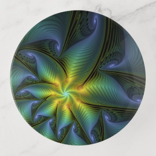 Abstract Star Shiny Blue Green Golden Fractal Art Trinket Tray