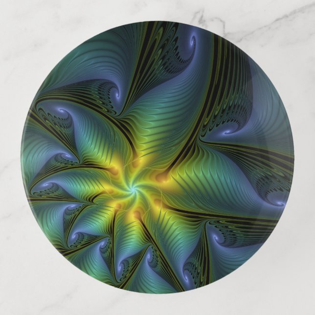 Abstract Star, Shiny Blue Green Golden Fractal Art Trinket Tray (Front)