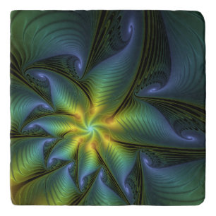 Abstract Star, Shiny Blue Green Golden Fractal Art Trivet