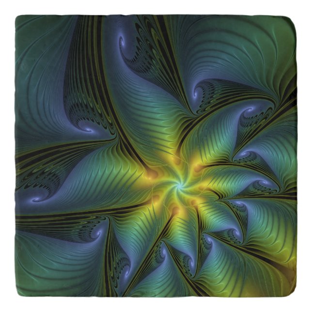 Abstract Star, Shiny Blue Green Golden Fractal Art Trivet (Front)