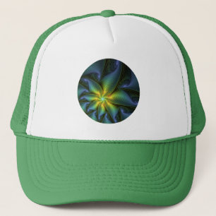 Abstract Star, Shiny Blue Green Golden Fractal Art Trucker Hat