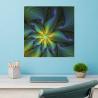 Abstract Star, Shiny Blue Green Golden Fractal Art