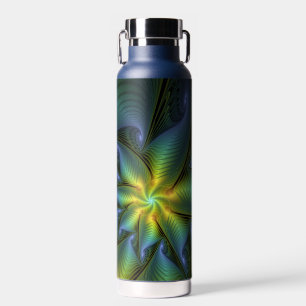 Abstract Star, Shiny Blue Green Golden Fractal Art Water Bottle