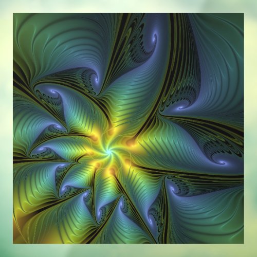 Abstract Star Shiny Blue Green Golden Fractal Art Window Cling