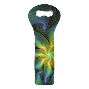 Abstract Star, Shiny Blue Green Golden Fractal Art Wine Bag