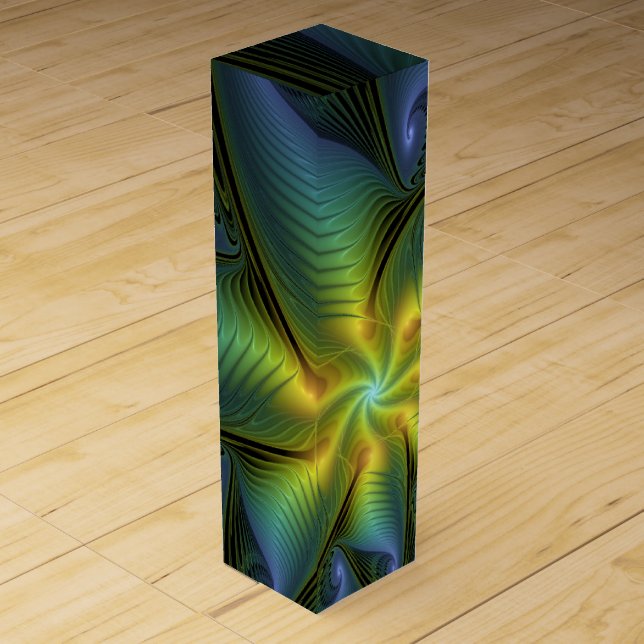 Abstract Star, Shiny Blue Green Golden Fractal Art Wine Box (Front)