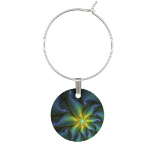 Abstract Star, Shiny Blue Green Golden Fractal Art Wine Charm