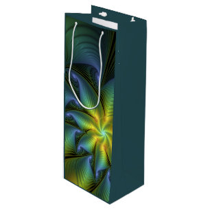 Abstract Star, Shiny Blue Green Golden Fractal Art Wine Gift Bag