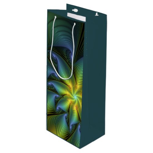 Abstract Star Shiny Blue Green Golden Fractal Art Wine Gift Bag