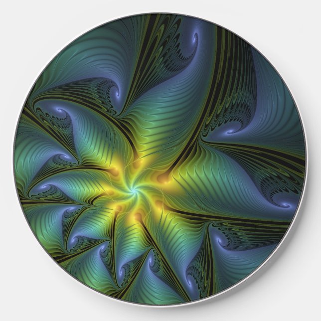 Abstract Star, Shiny Blue Green Golden Fractal Art Wireless Charger (Front)