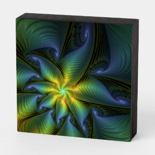Abstract Star, Shiny Blue Green Golden Fractal Art Wooden Box Sign