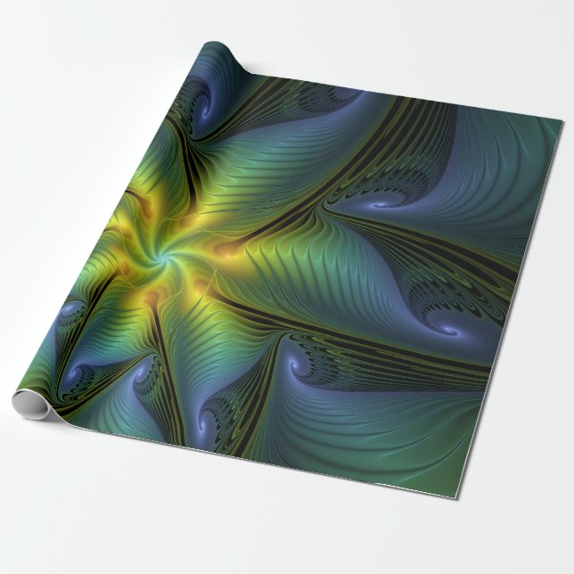 Abstract Star, Shiny Blue Green Golden Fractal Art Wrapping Paper (Unrolled)