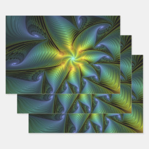 Abstract Star, Shiny Blue Green Golden Fractal Art Wrapping Paper Sheets