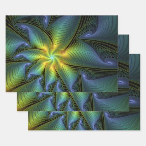 Abstract Star Shiny Blue Green Golden Fractal Art Wrapping Paper Sheets