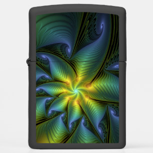 Abstract Star, Shiny Blue Green Golden Fractal Art Zippo Lighter