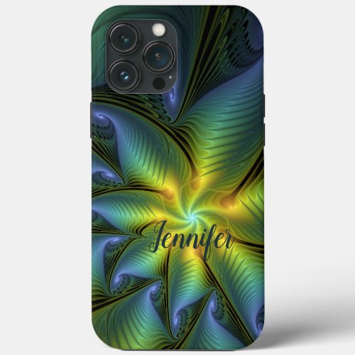 Abstract Star Shiny Blue Green Golden Fractal Name iPhone 13 Pro Max Case
