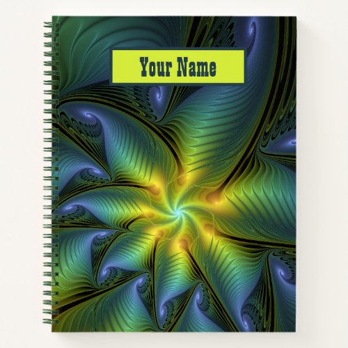 Abstract Star Shiny Blue Green Golden Fractal Name Notebook