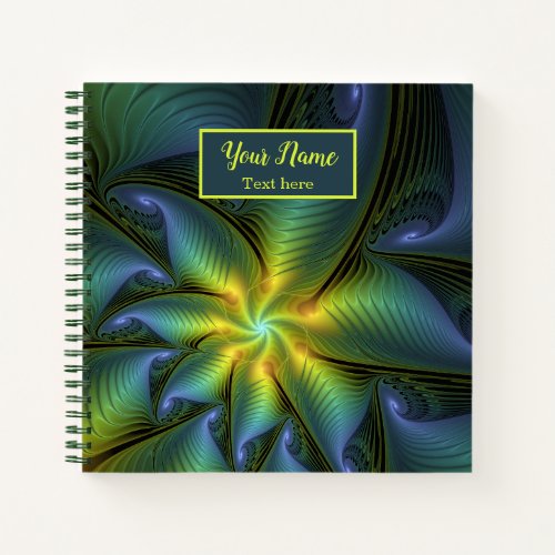 Abstract Star Shiny Blue Green Golden Fractal Name Notebook