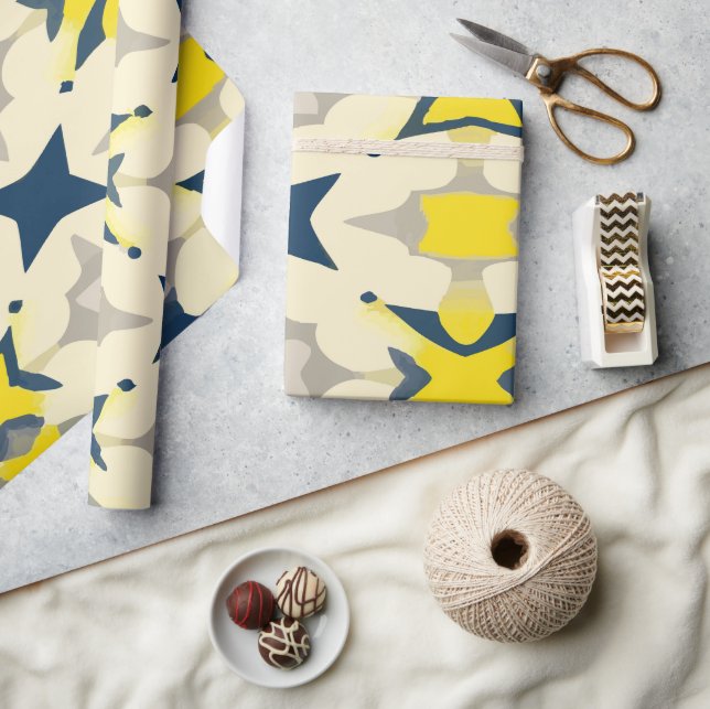 Abstract Starburst Pattern in Yellow and Blue Wrapping Paper (Crafts)