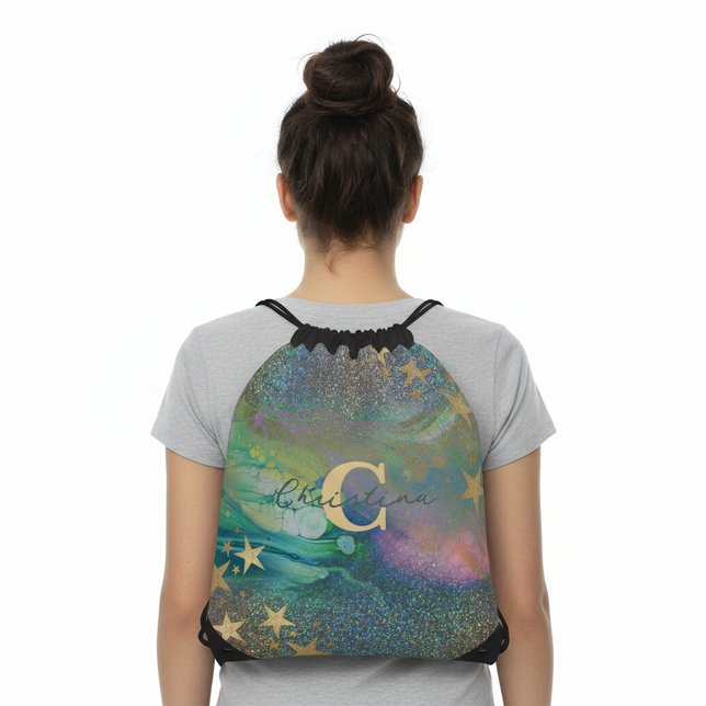 Abstract Starry Glitter Liquid Name And Monogram Drawstring Bag (Creator Uploaded)
