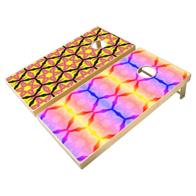 Abstract stars and hexagon shapes on cornhole set (Angled)