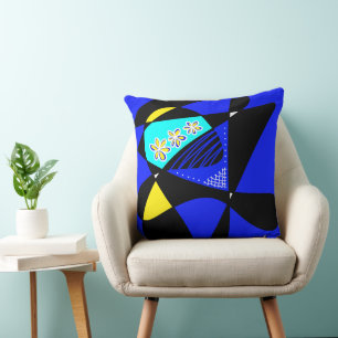 Abstract Stars And Stripes: Cyan Blue Yellow Black Throw Pillow