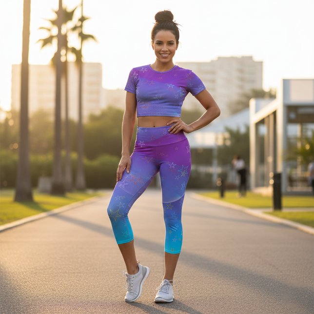  Abstract Stars on Ombre Purple to Blue Gradient Capri Leggings (Creator Uploaded)