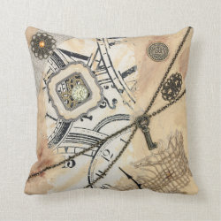 Abstract Steampunk Clock & Key Beige Throw Pillow