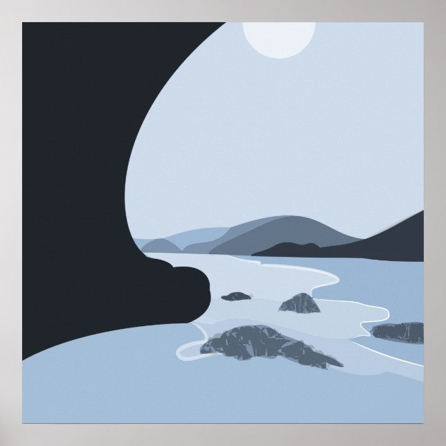 Abstract Steel Blue Stylized Beach Seascape Poster (Front)