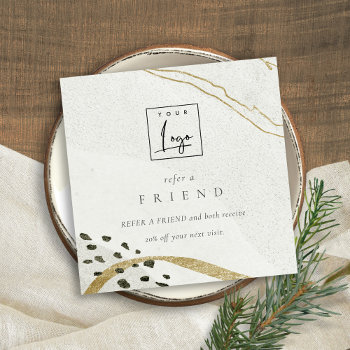 Abstract Stone Ivory Gold Refer A Friend Logo Square Business Card by DearBrand at Zazzle