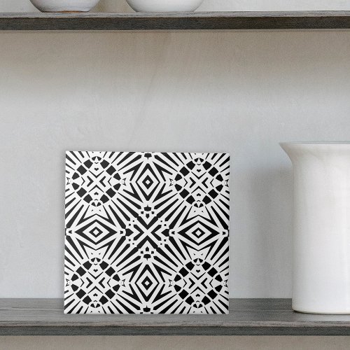 Abstract Striped Black and White Geometric Pattern Ceramic Tile