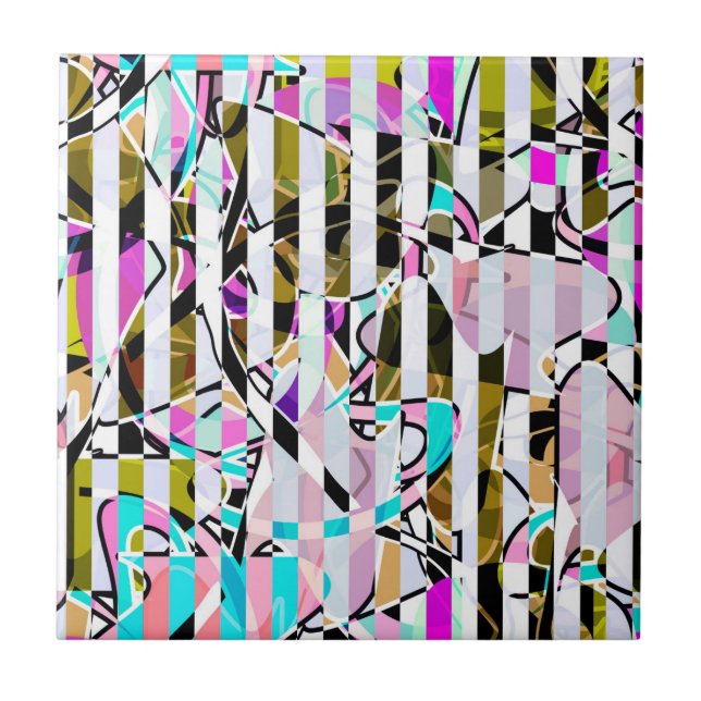 Abstract striped pattern stripes beige turquoise p ceramic tile (Front)