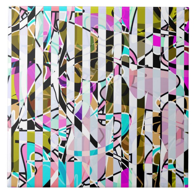 Abstract striped pattern stripes beige turquoise p ceramic tile (Front)