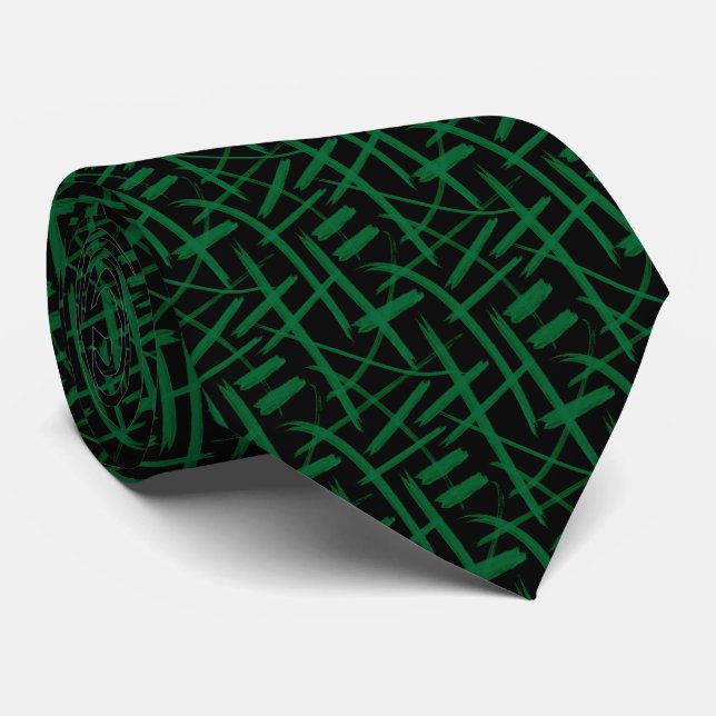 Abstract Strokes 020524 - Forest Green and Black Neck Tie (Rolled)