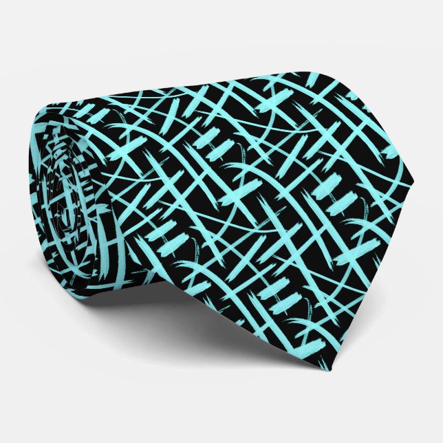 Abstract Strokes 020524 - Ice Blue and Black Neck Tie (Rolled)