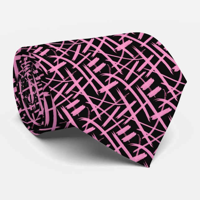Abstract Strokes 020524 - Pink and Black Neck Tie (Rolled)