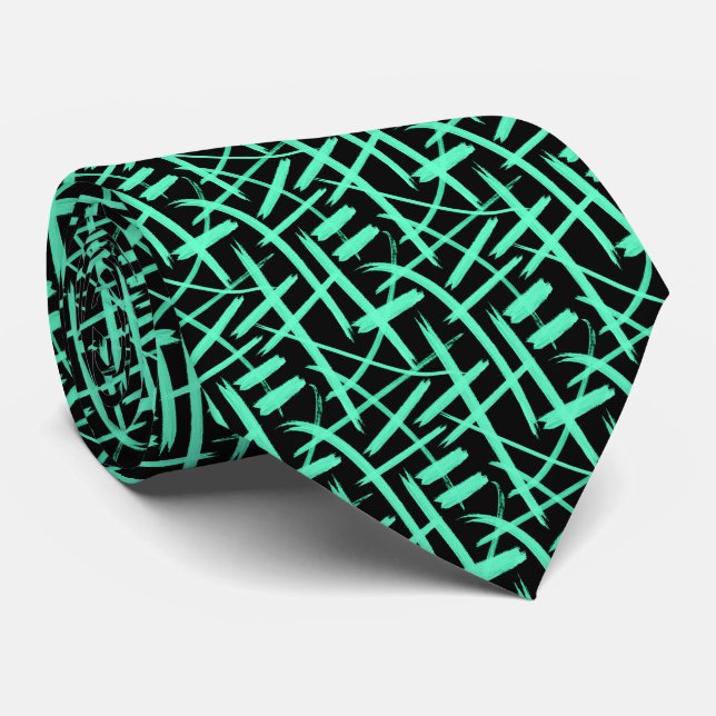 Abstract Strokes 020524 - Turquoise and Black Neck Tie (Rolled)