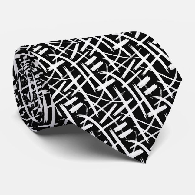 Abstract Strokes 020524 - White and Black Neck Tie (Rolled)