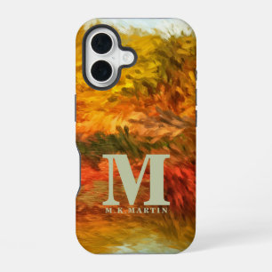 Abstract Strokes of Autumn Lake Monogram Initial iPhone 16 Case