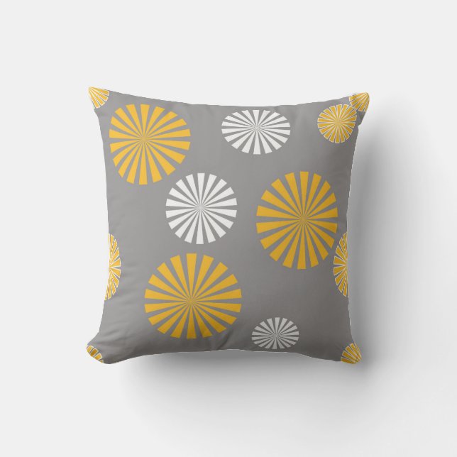Abstract, stylized dandelions, grey, yellow, white outdoor pillow (Front)