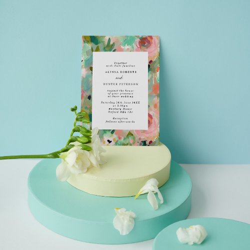 Abstract Summer Pink   Green Floral Wedding  Invitation