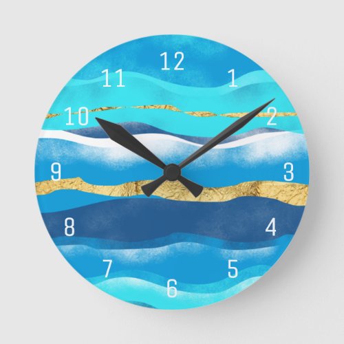 Abstract Summer Tropical Beach Blue Gold Waves Round Clock