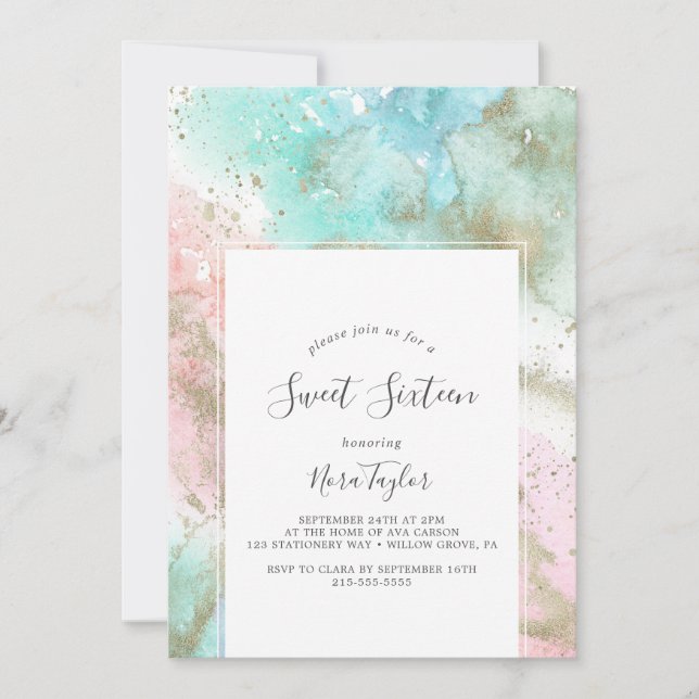 Abstract Summer Watercolor Sweet Sixteen Birthday Invitation (Front)