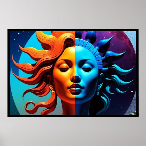 Abstract Sun Moon Woman Fantasy Modern Art Poster