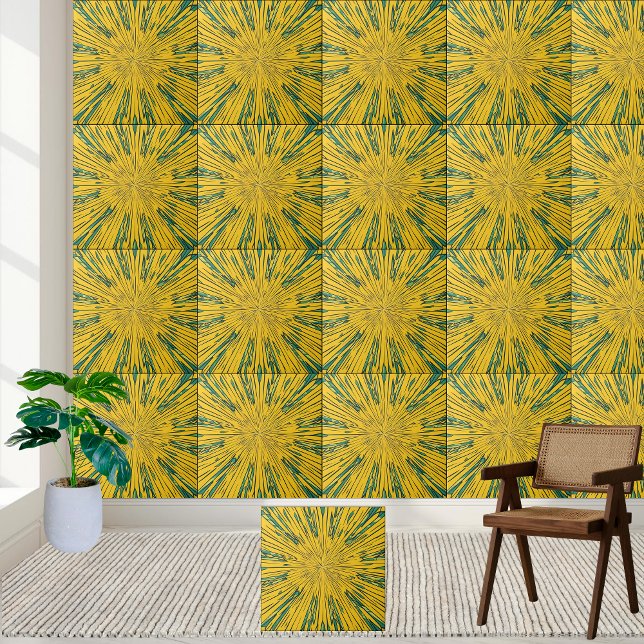 Abstract Sunburst Yellow and Green Ceramic Tile (Abstract Sunburst Yellow and Green Ceramic Tile)