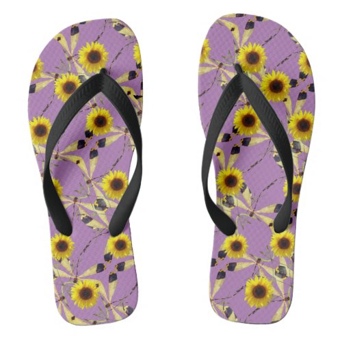Abstract Sunflower Dragenfly  Flip Flops